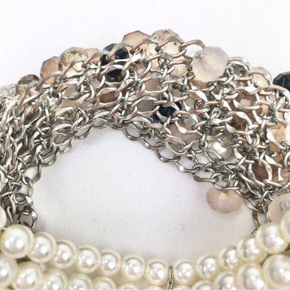 Taupe Blush Bead Rhinestone White Pearl Multi Strand Dangle Stretch Bracelet - Picture 7 of 9